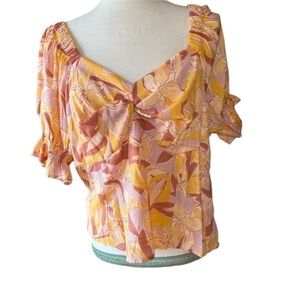 NINE West twist front blouse yellow multi color size 0X